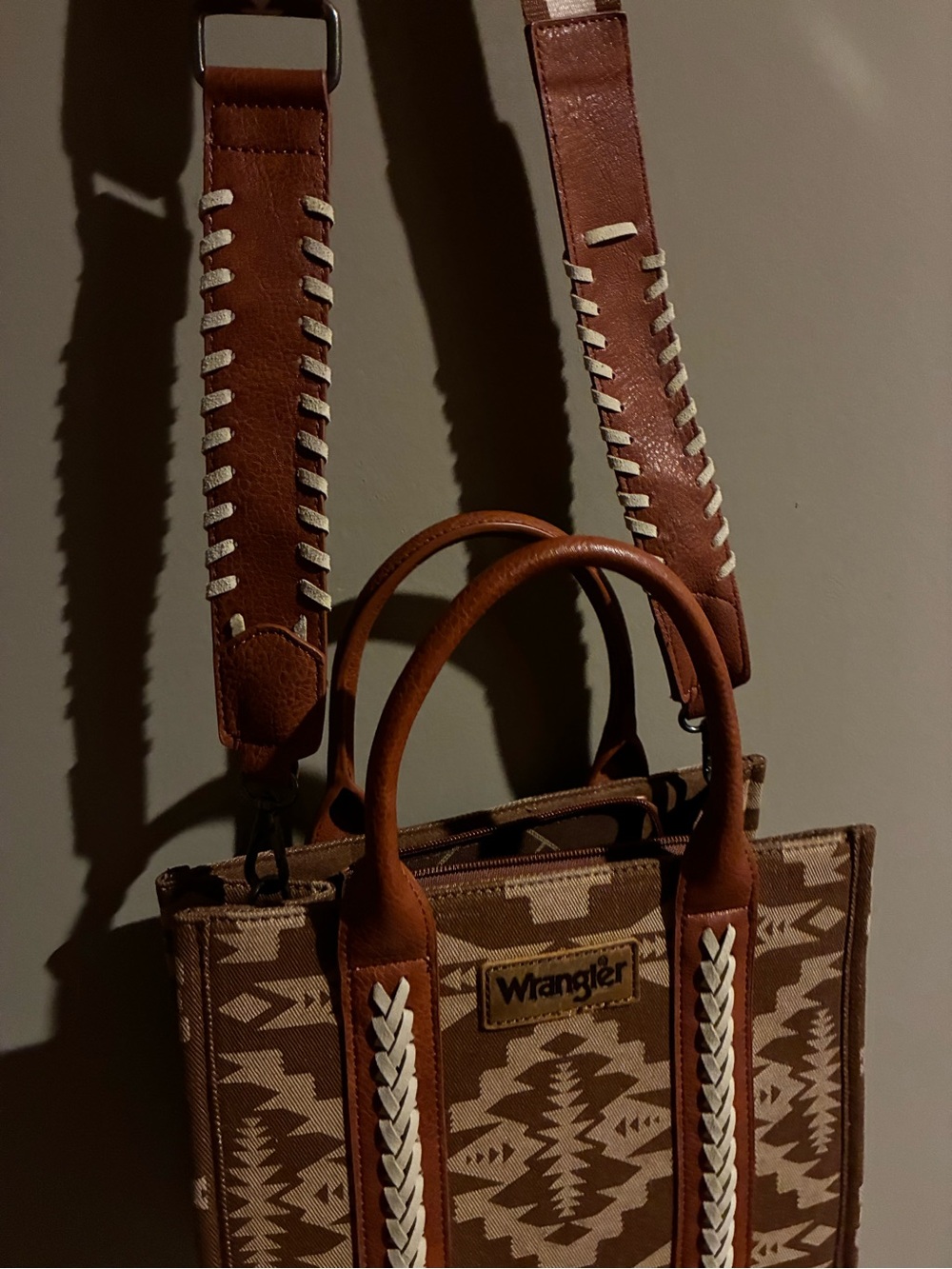 Wrangler Brown & Cream Patterned Canvas Tote with Braided Trim